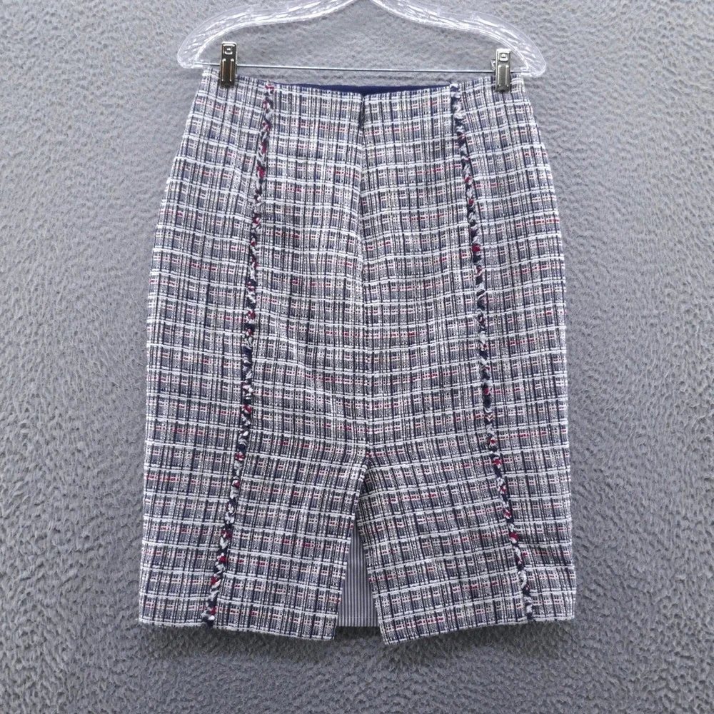 J Crew Womens Navy‎ Blue Red White Plaid Tweed Fringe Pencil Skirt Size 4